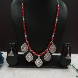 Necklace : Brass Silver Oxidized Red Color Glass Beads Buddha Long Necklace
