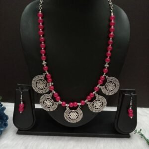 Necklace : Brass Silver Oxidized Rani Color Glass Beads Long Necklace