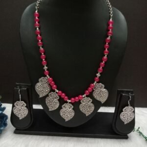 Necklace : Brass Silver Oxidized Rani Color Glass Beads Long Necklace