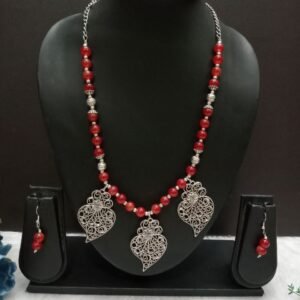 Necklace : Brass Silver Oxidized Red Color Glass Beads Long Necklace