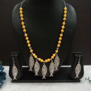 Necklace : Brass Silver Oxidized Yellow Color Glass Beads Long Fish Necklace