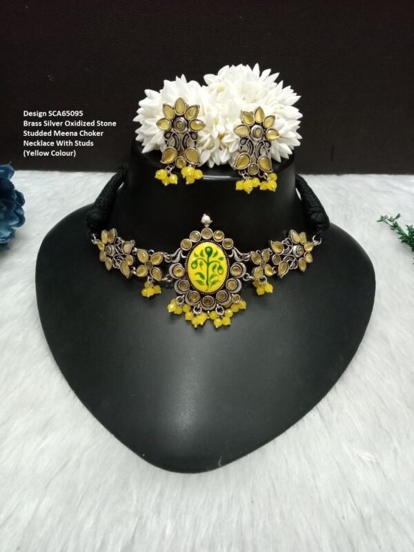 Choker : Brass Silver Oxidized Yellow Color Meena Choker SCA65095