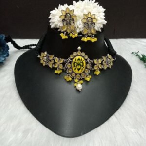 Choker - Brass Silver Oxidized Yellow Color Meena Choker SCAOC7-Yellow