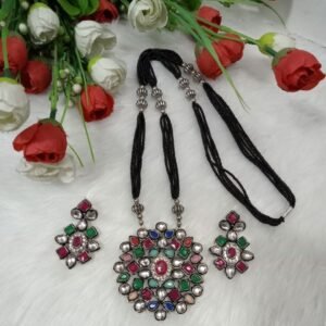 Mangalsutra - Silver Oxidized Stone Studded Long Mangalsutra SCA45052