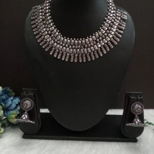 Necklace - Brass Silver Oxidized Broad Necklace with Jhumka SCAON95