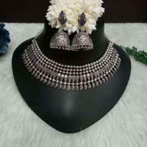 Necklace - Brass Silver Oxidized Broad Necklace with Jhumka SCAON94