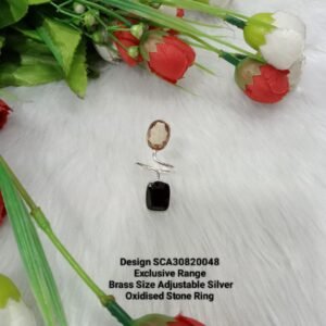 Oxidized Rings - Silver Oxidized Brass Natural Stone Size Adjustable Ring SCA30820048