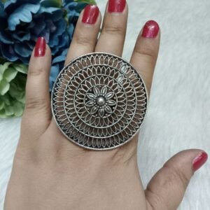 Oxidized Rings - Silver Oxidized Alloy Metal Size Adjustable Big Ring SCA15087
