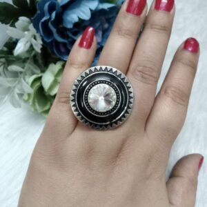 Oxidized Rings - Silver Oxidized Alloy Metal Size Adjustable Stone Ring SCA15088