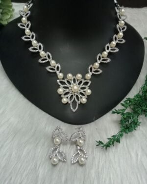 Necklace - Silver Plated Rhodium Polish AD Necklace with Earrings SCA95061