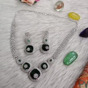 Necklace : Silver Rhodium Polish AD Necklace with Earrings SCA185070