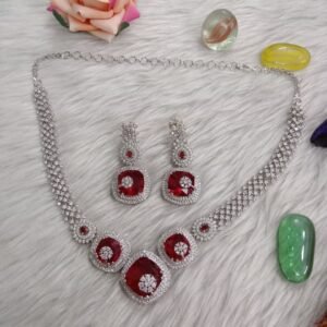 Necklace : Silver Rhodium Polish AD Necklace with Earrings SCA185070