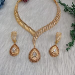 Necklace - Gold Plated Crystal AD Brass Necklace with Earrings SCA205042