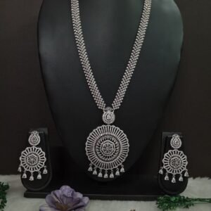 Necklace - Silver Plated AD Rhodium Polish long Rani Haar Necklace SCA300017