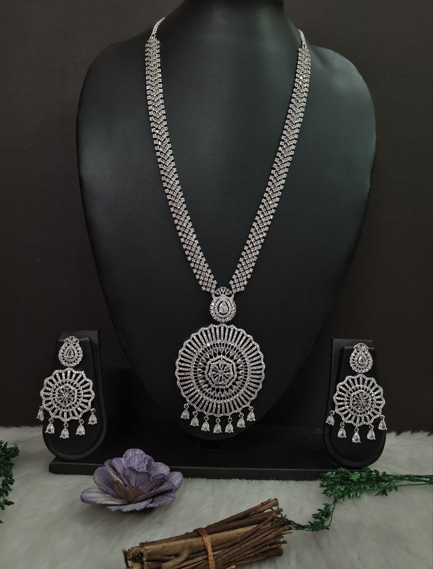 Necklace – Silver Plated AD Rhodium Polish long Rani Haar Necklace SCA300017