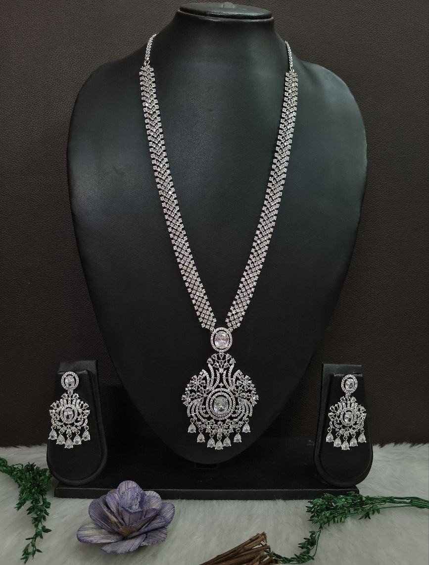 Necklace – Silver Plated AD Rhodium Polish long Rani Haar Necklace SCA27001