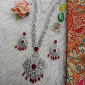 Necklace - Silver Plated AD Rhodium Polish long Rani Haar Necklace SCA27001