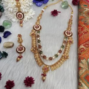 Rajwadi Necklace - Gold Plated Rajwadi AD & Meena 2 Layer Necklace SCARN80