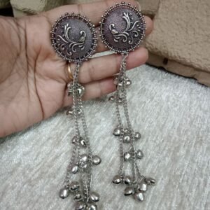 Kashmiri Earrings - Brass Silver Oxidized Long Kashmiri Earrings