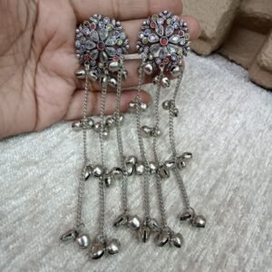 Kashmiri Earrings - Brass Silver Oxidized Long Kashmiri Earrings