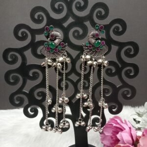 Kashmiri Earrings - Brass Silver Oxidized Long Kashmiri Earrings