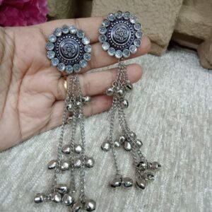 Kashmiri Earrings - Brass Silver Oxidized Long Kashmiri Earrings