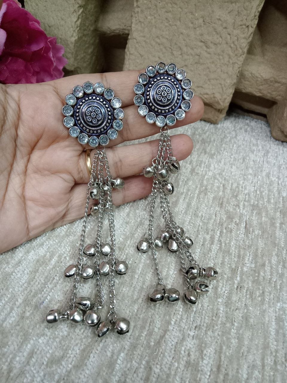Kashmiri Earrings – Brass Silver Oxidized Long Kashmiri Earrings