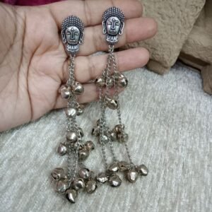 Kashmiri Earrings - Brass Silver Oxidized Long Kashmiri Earrings