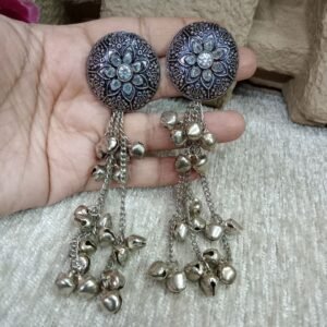 Kashmiri Earrings - Brass Silver Oxidized Long Kashmiri Earrings