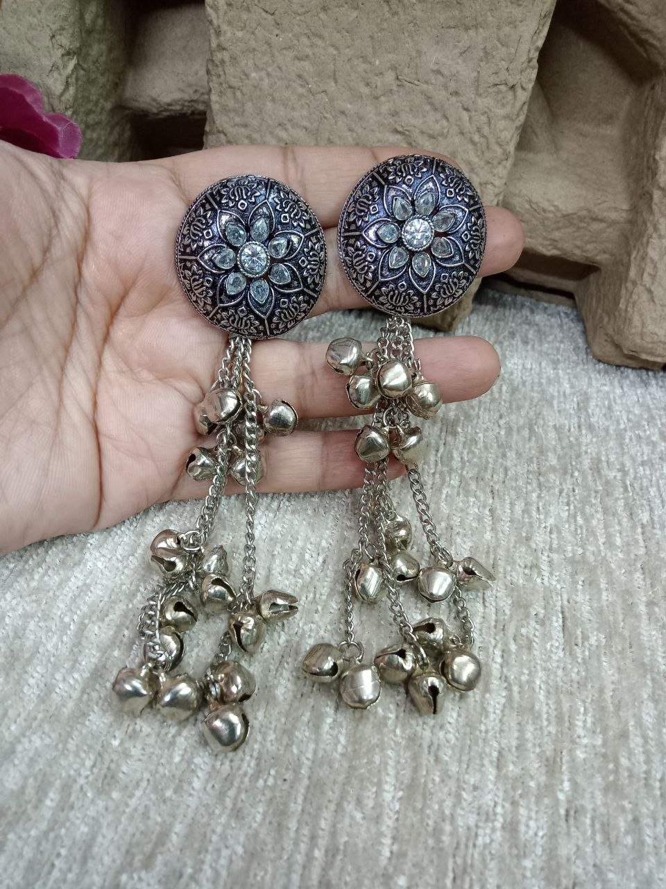 Kashmiri Earrings – Brass Silver Oxidized Long Kashmiri Earrings