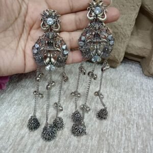 Kashmiri Earrings - Brass Silver Oxidized Long Kashmiri Earrings