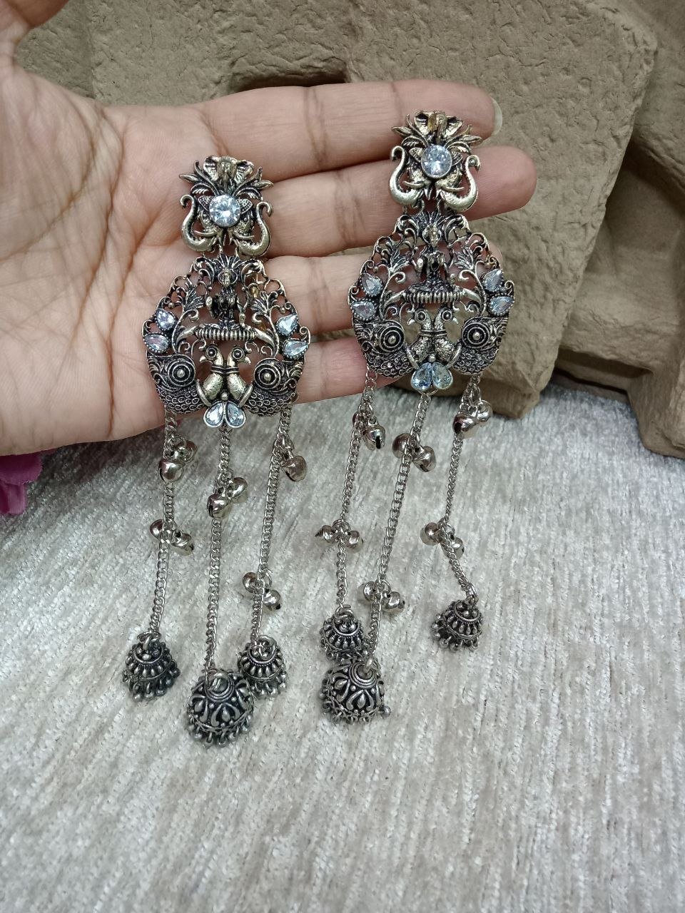 Kashmiri Earrings – Brass Silver Oxidized Long Kashmiri Earrings