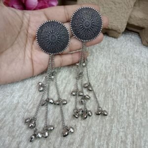Kashmiri Earrings - Brass Silver Oxidized Long Kashmiri Earrings