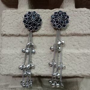 Kashmiri Earrings - Brass Silver Oxidized Long Kashmiri Earrings