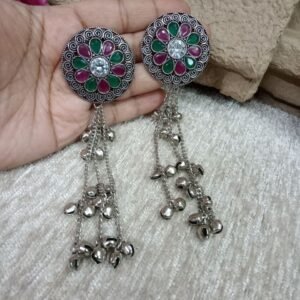 Kashmiri Earrings - Brass Silver Oxidized Long Kashmiri Earrings
