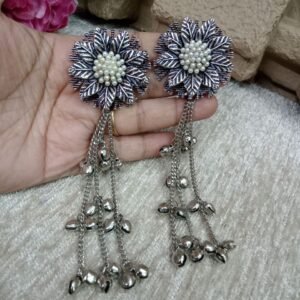 Kashmiri Earrings - Brass Silver Oxidized Long Kashmiri Earrings