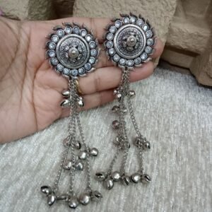 Kashmiri Earrings - Brass Silver Oxidized Long Kashmiri Earrings