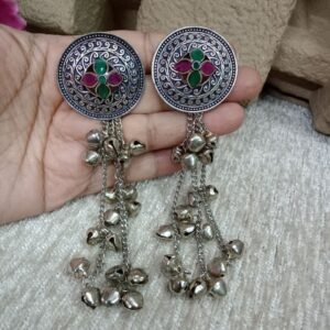 Kashmiri Earrings - Brass Silver Oxidized Long Kashmiri Earrings