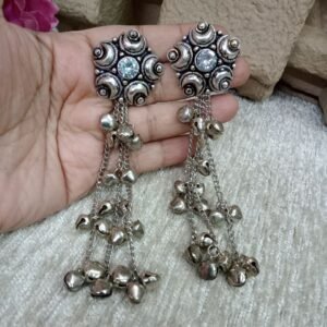 Kashmiri Earrings - Brass Silver Oxidized Long Kashmiri Earrings
