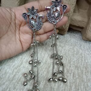 Kashmiri Earrings - Brass Silver Oxidized Long Kashmiri Earrings