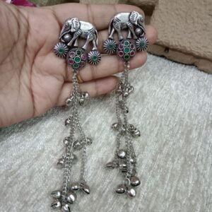 Kashmiri Earrings - Brass Silver Oxidized Long Kashmiri Earrings