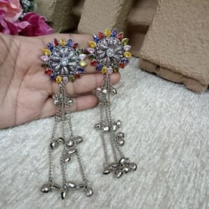Kashmiri Earrings - Brass Silver Oxidized Long Kashmiri Earrings