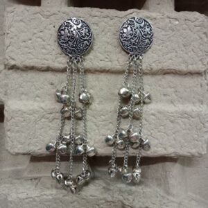 Kashmiri Earrings - Brass Silver Oxidized Long Kashmiri Earrings