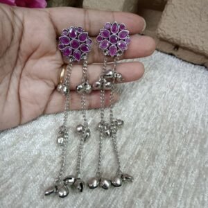 Kashmiri Earrings - Brass Silver Oxidized Long Kashmiri Earrings