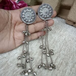 Kashmiri Earrings - Brass Silver Oxidized Long Kashmiri Earrings