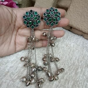 Kashmiri Earrings - Brass Silver Oxidized Long Kashmiri Earrings