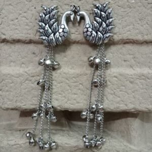 Kashmiri Earrings - Brass Silver Oxidized Long Kashmiri Earrings