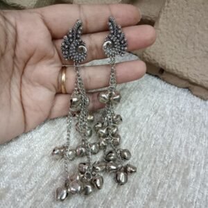 Kashmiri Earrings - Brass Silver Oxidized Long Kashmiri Earrings