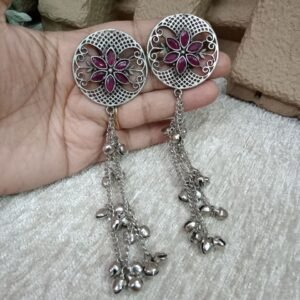 Kashmiri Earrings - Brass Silver Oxidized Long Kashmiri Earrings