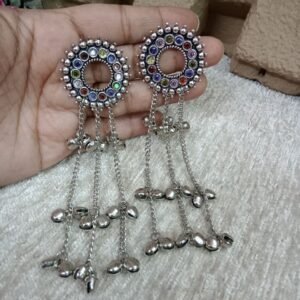 Kashmiri Earrings - Brass Silver Oxidized Long Kashmiri Earrings